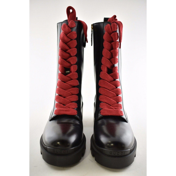 Gucci Trip Black Leather Red Green Web Stripe Mid Calf Block Heel Combat Boot 35 - Picture 5 of 12